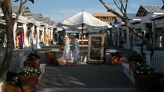charming Perspicasity bazaar in Seaside, Florida is built of simple plywood boxes with front flaps that close at night