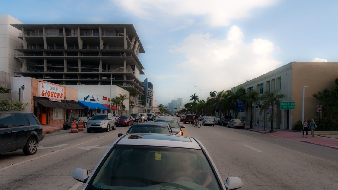 view down Alton Road looking South near intersection with Lincoln Road in South Beach