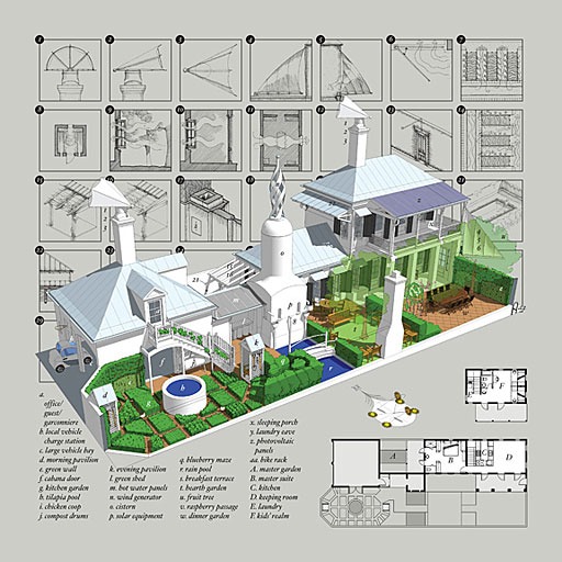 aerial rendering of SmartDwelling I superimposed over floor plans and diagrams of some of its features