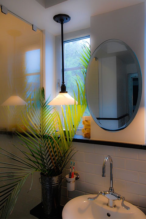 palm leaves flow between light fixture and oval mirror on bathroom wall, with shower glowing softly to the left